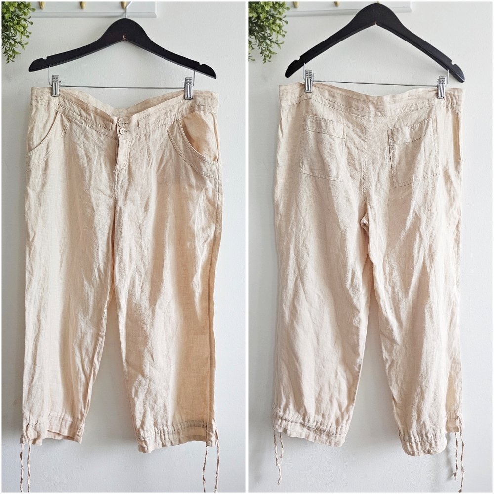 Charlotte Russe Beige Linen Capri Pants Size 11 Front Buttons Drawstring Hem